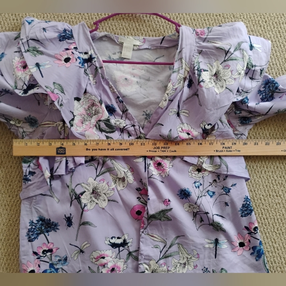 H&M Purple Lilac Pink Floral Bird Botanical Ruffle Balloon Sleeve Top SIZE 14 XL - Picture 12 of 13